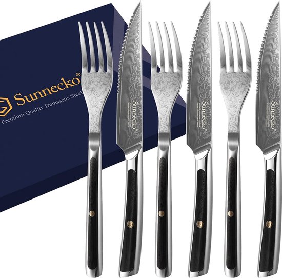 Steakbestekset, damaststeakmes en vork, 6-delige set, steakbestek met damaststaal, gekarteld mes, steakmessen, set met G10 handvat, grillbestek, tafelbestek met geschenkdoos van Levinchy