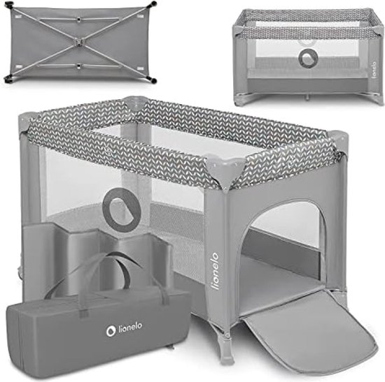 Stefi Opvouwbaar reisbedje met matras, Vanaf de geboorte tot 3 jaar/15 kg, Babyboxen voor kinderen en baby's met zij-ingang, Gaaswanden transparante, Tas, Wielen, beveiligingssysteem LockGuard van LIONELO