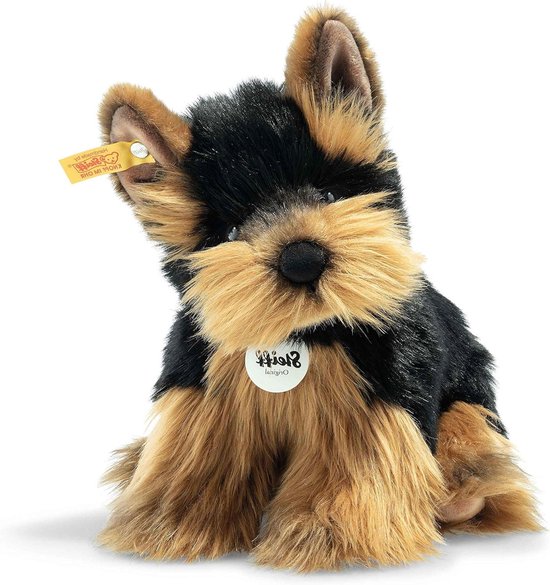 Steiff 076923 - Origineel pluche dier hond Hercules Yorkshire Terrier, knuffeldier ca. 24 cm, pluche knop in het oor", knuffelvriend voor baby's vanaf de geboorte, bruin/zwart