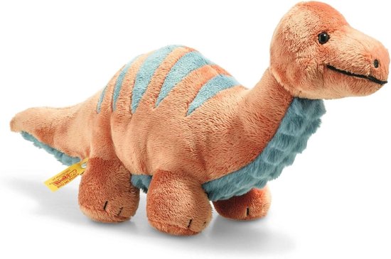 Steiff 087837 Origineel pluche dier bronko brontosaurus, Soft Cuddly Friends knuffeldier ca. 28 cm, merkpluche met knoop in het oor, knuffelvriend voor baby's vanaf de geboorte, donkeroranje en petrol van Merkloos