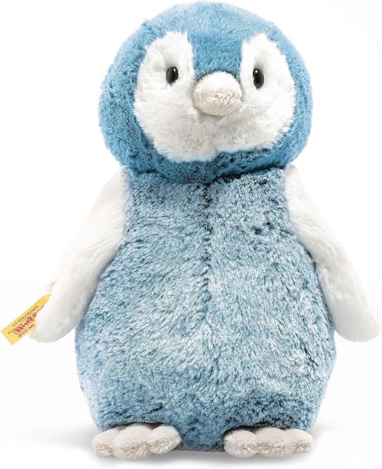Steiff 63930 Origineel pluche dier Pinguïn Soft Cuddly Friends Paule, knuffeldier ca. 22 cm, pluche knoop in het oor", knuffelvriend voor baby's vanaf de geboorte, blauw, wit
