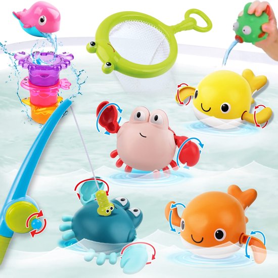 Stena Magnetische Vishengel, Zelfzwemmende/Waterschietende Vissen en Schepnet - Badspeelgoed - Badspeeltjes - Bad Speelgoed - Jongen/Meisje - Baby/1 jaar/2 jaar/3 jaar - Kinderen van STEN