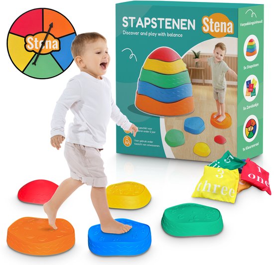Stena Stapstenen + Zandzakjes + Kleurenrad - Stapelstenen - Rivierstenen - Voor Kinderen - Stepping Stones - Balansstenen - Balansspeelgoed - Heuveltoppen - Educatief/Montessori Speelgoed - Evenwicht van Evelen