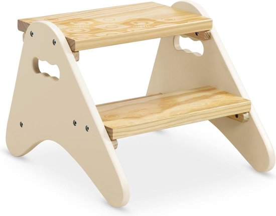 Stevige houten kruk met 2 treden - crème wit & hout - badkamer keuken kinderkamer - 2 jaar + (BX2031C1Z) van Bebies First