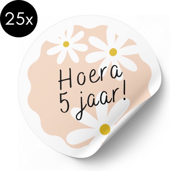 Sticker 5 jaar Daisy/Madeliefje - 50 mm - Sticker Hoera 5 jaar! - Traktatiestickers - 25 stuks