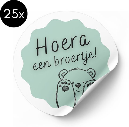 Sticker Hoera een broertje - Beer - Blauw / Groen - 50 mm - Traktatiestickers - 25 stuks van Merkloos