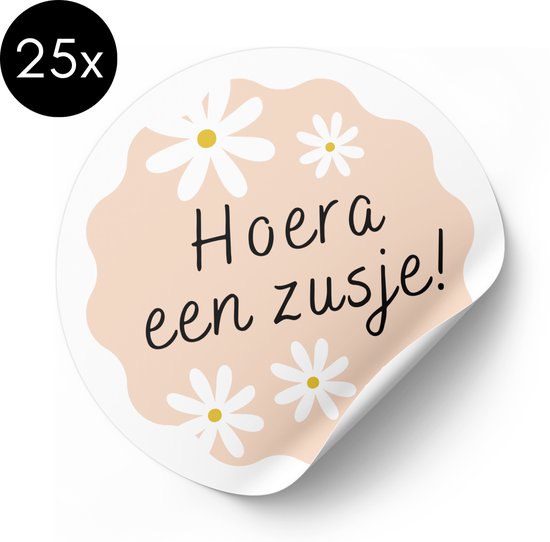 Sticker Hoera een zusje - Madeliefje - 50 mm - Traktatiestickers - 25 stuks van Merkloos