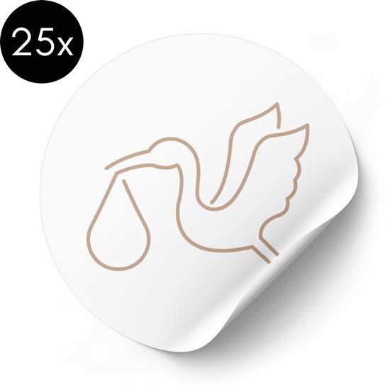 Sticker Ooievaar - Beige / Wit - 30 mm - Sluitsticker Geboortekaartje - 25 stuks van MIEKinvorm