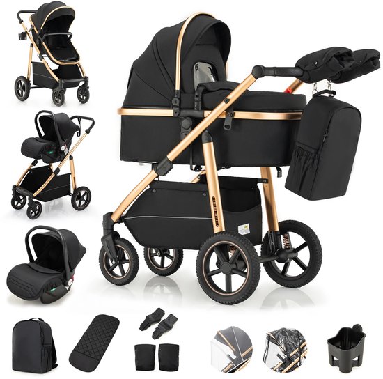 Stijlvolle 3-in-1 Kinderwagen – Elegante en Comfortabele Kinderwagen - Wandelwagen - Baby Stroller - Baby Autostoel - Inclusief mamatas & Handmoffen voor de duwstang- Zwartgoud van Merkloos