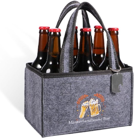 Stijlvolle herentasje voor het vervoeren van bierflessen, met ruimte voor 6 flessen, ideaal voor feestjes, reizen en picknicks, grijs met handvatten en vakken