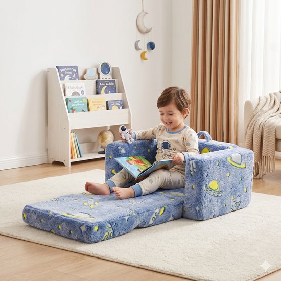 STILVORA Kinderfauteuil Compact Formaat - Opklapbaar Met Lichtgevend Ruimtepatroon En Afneembare Hoes - Voor Kinderkamer - Stof Blauw
