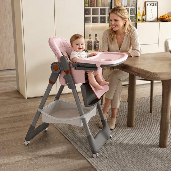 STILVORA Kinderstoel – Verstelbaar En Opvouwbaar – 53 x 95 cm – PP, Staal En PU – Roze – Met Dubbel Eetblad En Opbergmand