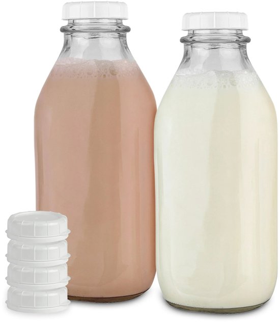 Stock Your Home Glazen melkfles van 1 liter Met Deksel (set van 2) 32 Oz Kannen En 6 Witte Doppen, Herbruikbare Voedselveilige Melkcontainer Voor In De Koelkast, Flessen Voor Sap, Haver- Of Plantaardige Melk, Water, Honing van Merkloos