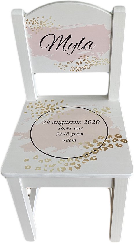 Stoeltje met naam luipaard print | geboortestoeltje | kinderstoeltje | wit stoeltje van hout | kraamcadeau met naam van Kadolicious