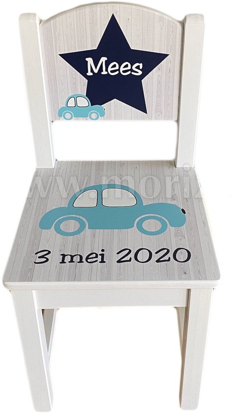 Stoeltje met naam | ster | auto | geboortestoeltje | kinderstoeltje | wit stoeltje van hout | kraamcadeau met naam van Kidzsupplies