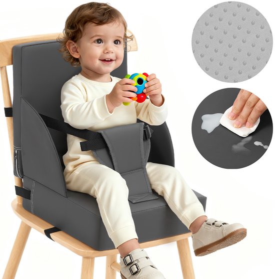 Stoelverhoger Kinderen voor Eettafel – Peuter Booster Seat met Rugleuning, Zitkussen met Veiligheidsriemen en Antislip Basis – Hoogwaardig Schuim Verhoogkussen – Grijs