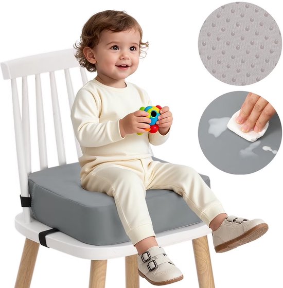 Stoelverhoger Kinderen voor Eettafel - Peuter Booster Seat Zitkussen met Veiligheidsriemen en Antislip Basis - Hoogwaardig Schuim Verhoogkussen - Grijs