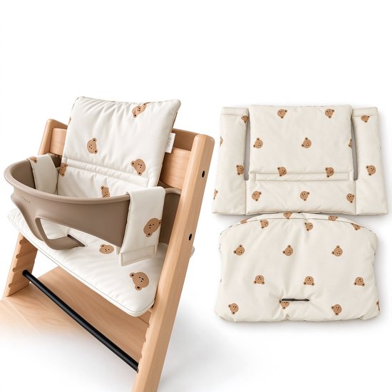 Stoelverkleiner Kinderstoel - Kussenset - Beertjes Print - Crème - Nylon - Zitkussen en Rugkussen - tot 26 cm Rug