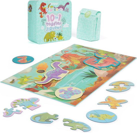 Stoere dino's puzzelset - 10 varianten - speciaal voor peuters - gemaakt van recycled karton van Scratch