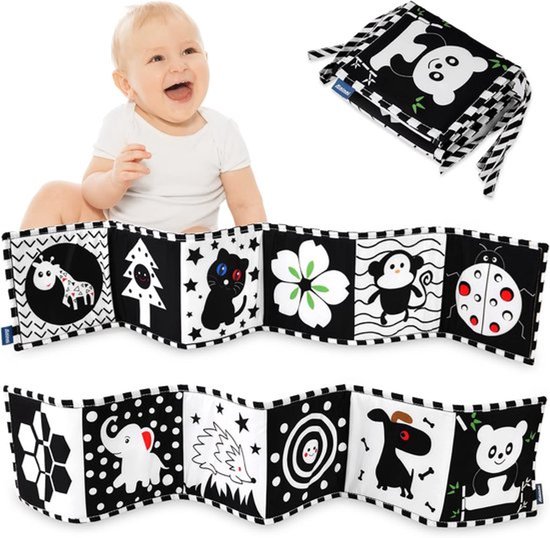 Stofboekje met dubbele zijde, stofboekje voor baby's, zwart-wit babyboekje, herbruikbaar en opvouwbaar, geschikt voor 6-12 maanden en peuters, bevordert de hersenontwikkeling bij baby's (zwart-A)
