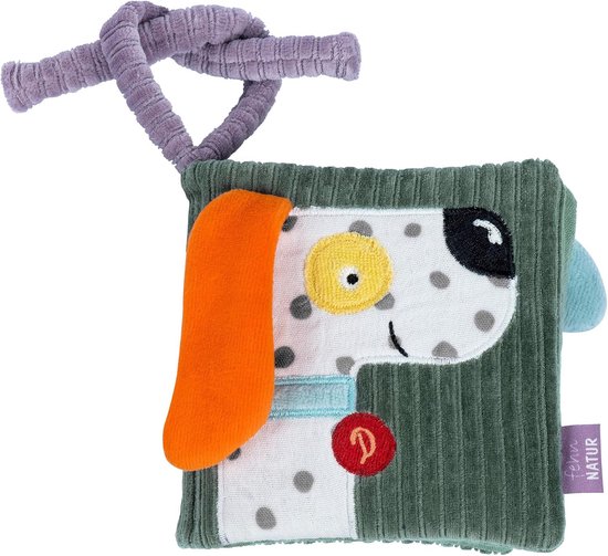 Stoffen Boek Hond - Voelboek Baby - Ontdekken Natuur - Biologisch Katoen - 11x11 cm - Multicolor