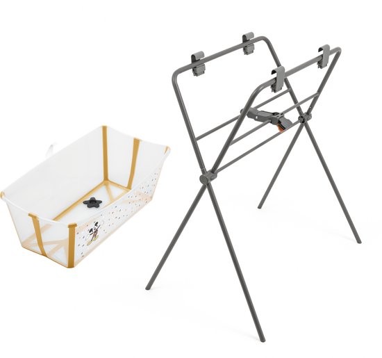 Stokke Flexi Bath (Mickey Celebration) + Flexi Bath Stand - Babybad voor baby's tot 10 kg - Opvouwbaar, duurzaam en gemakkelijk op te bergen - Handig voor thuis of op reis van Stokke