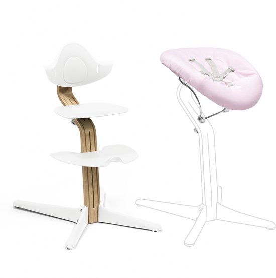Stokke Nomi stoel (eiken wit) met set voor pasgeborenen (wit/grijs roze) - Inclusief 5-punts veiligheidsharnas en omkeerbare, wasbare textielset - Kan tot 150 kg dragen