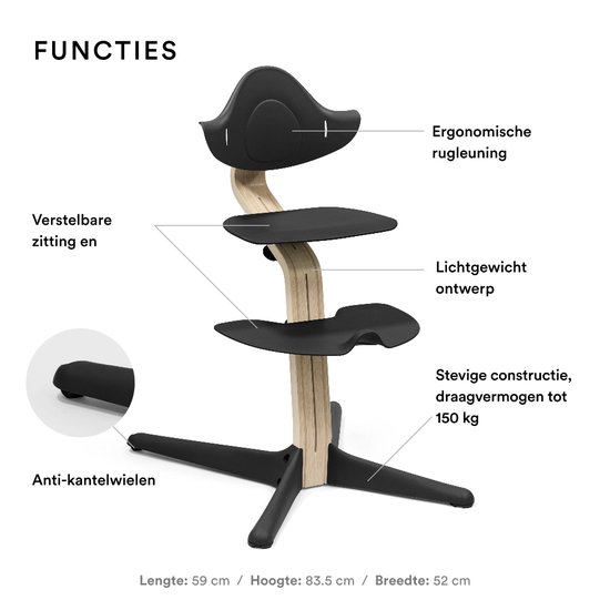 Stokke Nomi stoel, zwart / natuurlijk - Inspireert actief zitten - Zonder gereedschap, naadloze verstelbaarheid - Inclusief stabiele voetsteun en anti-kantelwielen - Kan tot 150 kg dragen van Stokke
