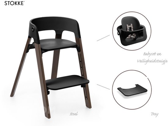 Stokke Steps Kinderstoel - Bundel met babyset, veiligheidstuigje en tray - Black/Warm Brown van Merkloos
