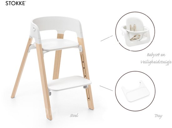 Stokke Steps Kinderstoel - Bundel met babyset, veiligheidstuigje en tray - White/Natural van Merkloos