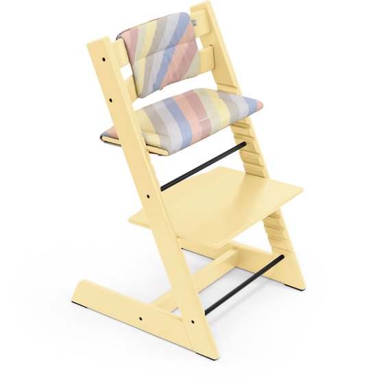 Stokke Tripp Trapp bundel Lemon Yellow - Babyset Lemon Yellow - Newborn Vanilla White/ Beige - Tray Vanilla White - Kussenset Pastel Stripes van Stokke