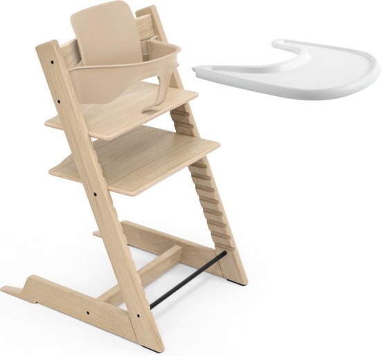 Stokke Tripp Trapp Eiken kinderstoel (naturel) dienblad (wit) - Incl. Tripp Trapp stoel, babyset 2 voor kinderen van 6-36 maanden en Stokke dienblad - Verstelbaar, ergonomisch en gemakkelijk schoon van Stokke