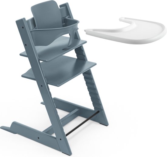 Stokke Tripp Trapp kinderstoel (Fjordblauw) met Stokke dienblad (wit) - Incl. Tripp Trapp stoel, babyset 2 voor kinderen van 6-36 maanden en dienblad - Verstelbaar, ergonomisch en gemakkelijk schoon van Stokke