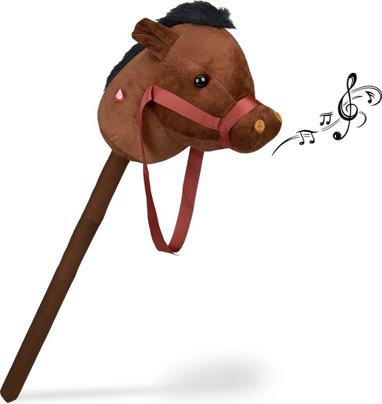 stokpaard met geluid - pluche en kunststof - 68 cm - hoofdstel - donkerbruin van Merkloos