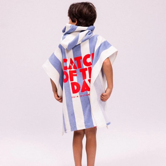 Strandponcho Blauw - Catch Of The Day - 65 x 65 cm - Handdoek - Kids - Blauw Wit Oranje - Krab - Sneldrogend - Bad Poncho van Merkloos