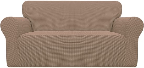 Stretch Loveseat hoes 1-delige bankhoes, meubelbeschermer, zachte met elastische onderkant, voor kinderen, polyester spandex jacquardstof, kleine ruitjes (Loveseat, Camel)