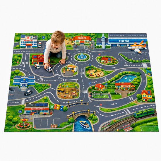 Studio M Speelmat - Speelkleed - Playcity Speelkleed - 84 x 120 cm - Speelmat Opvouwbaar - Auto Speelkleed - Anti slip - Verkeerskleed van Merkloos