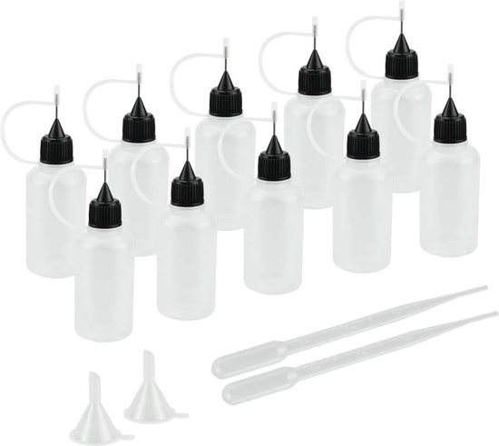 Stunq® 10 stuks applicatorflessen 30 ml naaldfles lege lijmfles met 2 trechters & 2 pipetten naaldpunt lijm fles navullen precisiepunt knijpfles voor lijm inkt kleur