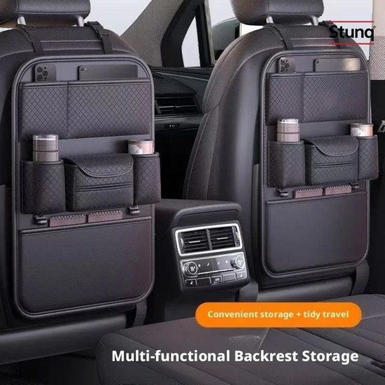 Stunq® Autostoel Organizer van PU-leer met Meerdere Vakken en Bekerhouder, Zwart