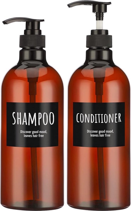 Stunq® super grote Pompflessen voor shampoo en conditioner, 2 stuks, 1000 ml, bruin, lege plastic flessen met etiketten, 33,8 oz grote herbruikbare shampoo-conditioner-dispenser, navulbare pompress-flessen