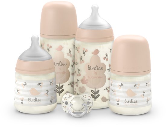 Suavinex Birdies Pasgeborenenset - Startpakket met 4 Zachte Siliconen Zuigflessen en SX Pro Fopspeen - 2 x 150 ml met Langzame Speen en 2 x 270 ml met Gemiddelde Doorstroming - Vanaf de Geboorte tot 6 Maanden - Roze