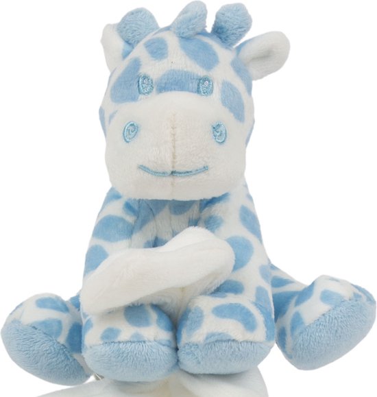 Suki Gifts pluche gevlekte giraffe knuffeldier - tuttel doekje - blauw/wit - 30 cm - Hoge kwaliteit knuffels van Suki Gifts