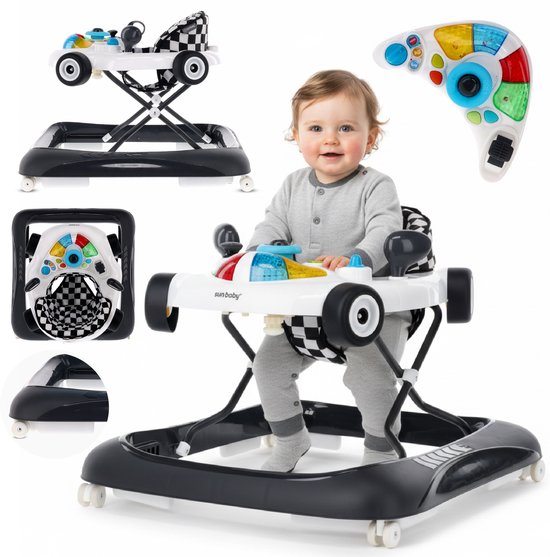 sun baby Loopstoel, baby walker vanaf 6 maanden, verstelbare hoogte, rubberen wielen - Wit-Zwart van Merkloos