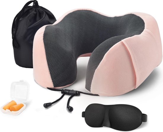 SUNMOOL Nekkussen Vliegtuig - Memory Foam Nekkussen Inclusief Slaapmasker & Oordopjes - Reiskussen - Vliegtuig Kussen - Travel Pillow : Roze