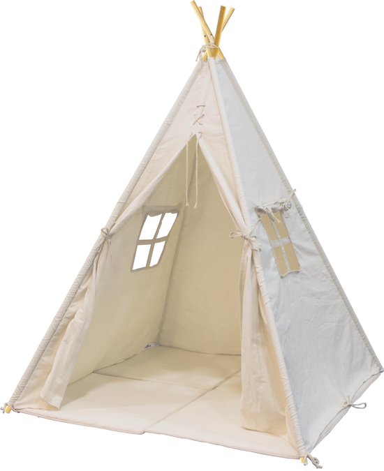Sunny Alba Tipi Tent Crème/Wit voor kinderen - Wigwam Speeltent met ramen van katoen - Tipi tent kinderen met Kussen kleed - 120x120x160cm - Stokken FSC hout van Sunny Alba