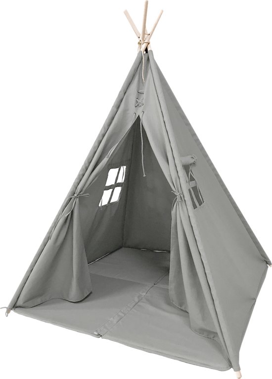 Sunny Alba Tipi Tent Grijs voor kinderen - Wigwam Speeltent met ramen van katoen - Tipi tent kinderen met Kussen kleed - 120x120x160cm - Stokken van FSC hout van Atmosphera