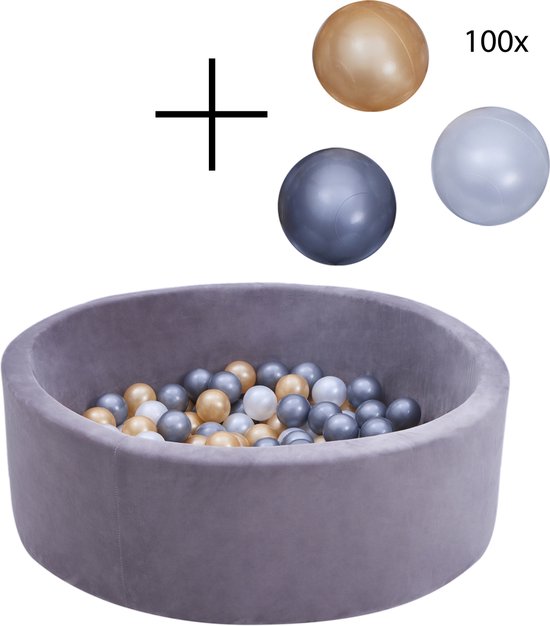 Sunny Boaz Ballenbak inclusief 260 ballen Velvet Grijs – Wit/Grijs/Goud Ø7cm ballen – Ballenbad rond Ø90x30cm van Sunny.