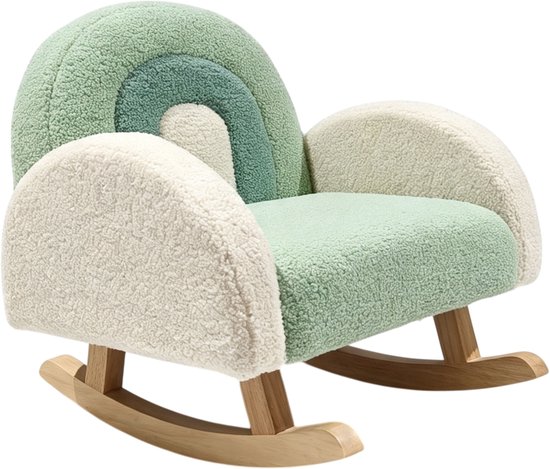 Sunny Filou Kinderschommelstoel Teddy Groen – 55 x 55 x 50 cm – Kinderstoel met Regenboogdesign – Kinderfauteuil met Schommelfunctie – Houten Frame – Max. 100 kg – Peuterstoeltje voor Binnen vanaf 3 jaar