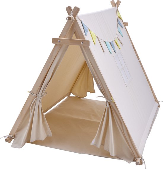 Sunny Sienna Speeltent met vlaggen en vloermat Crème – Wigwam Tipi Tent voor kinderen met Slinger & Opbergtas - Stokken FSC hout - 120x100x105cm van Kinderfeets