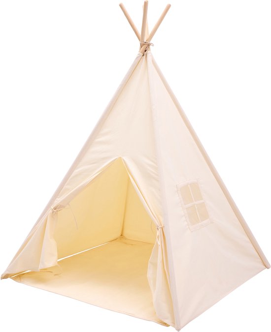 Sunny Vera Tipi Tent Crème voor kinderen – Wigwam Speeltent met raam van katoen – Tipi tent kinderen met Vloermat – 110x110x160cm – Stokken van hout van Merkloos